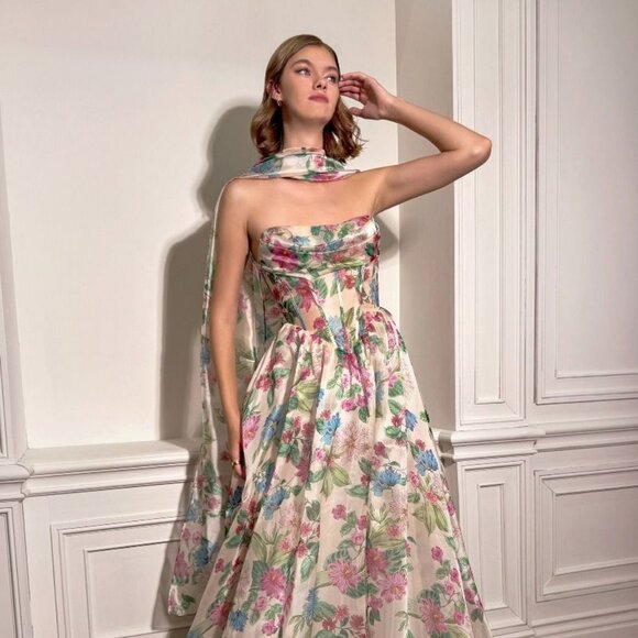 New A-Line Soft Satin Floral Dress w/ Matching  Scarf & Lace Up Back CD A1425 - Picture 1 of 9